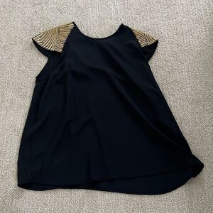 Romeo and Juliet Couture Black Top with Gold Gem Capped Sleeves